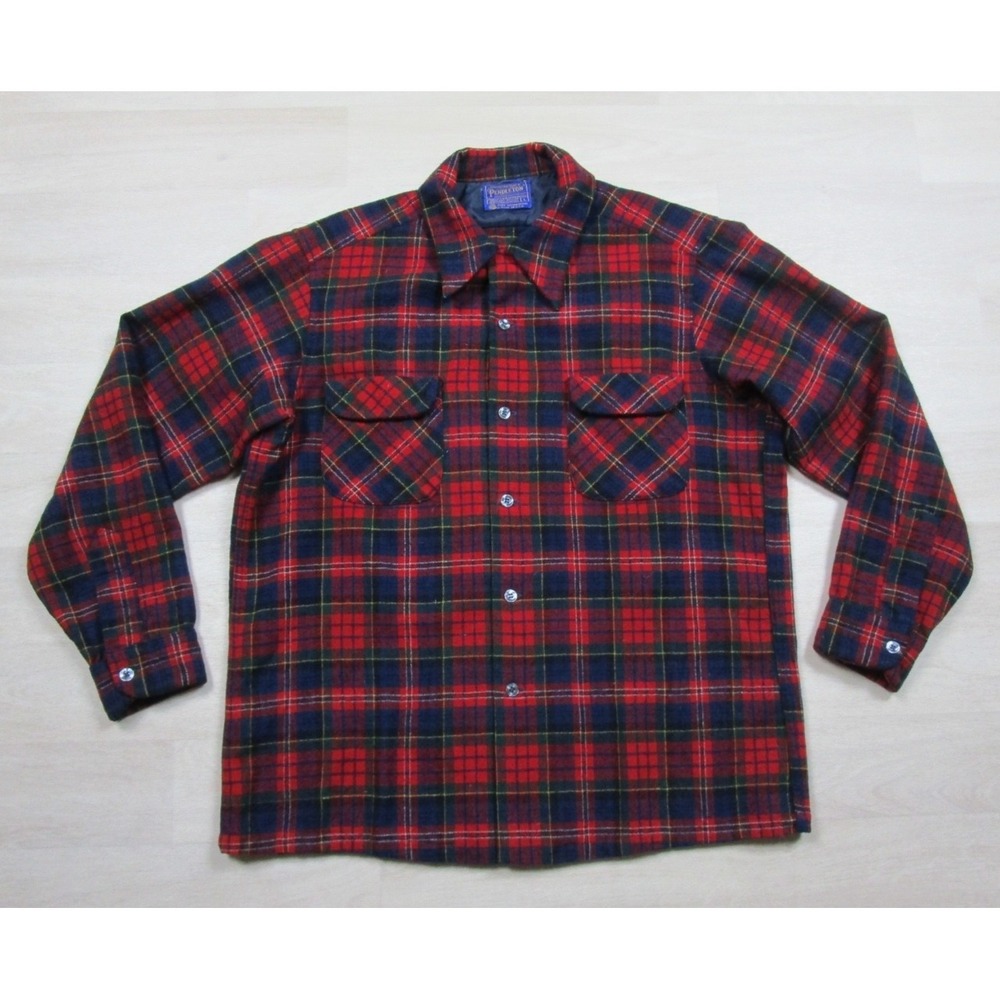 Vintage 70s Pendleton Wool Flannel Shirt Men's (L)‎ Tartan Plaid USA Cabincore